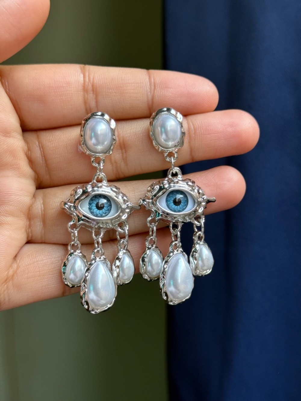 Schiaparelli Inspired Silver Blue Eye Drop Pearl Dangle Earrings